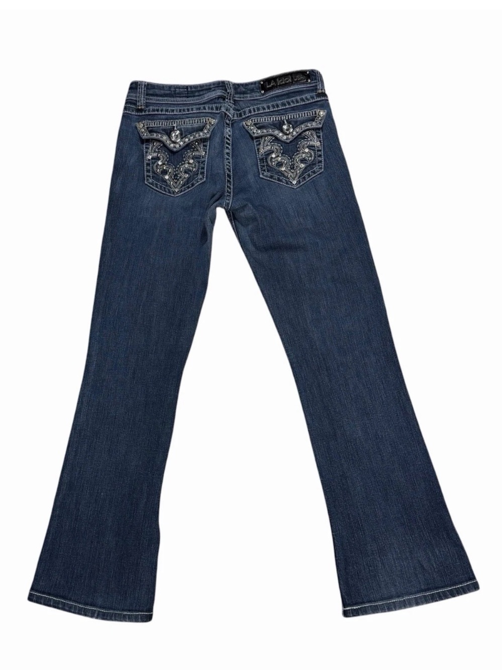 Y2K low Rise Bootcut Flare L. A. Idol Bling Back medium dark wash pre owned Sz 9